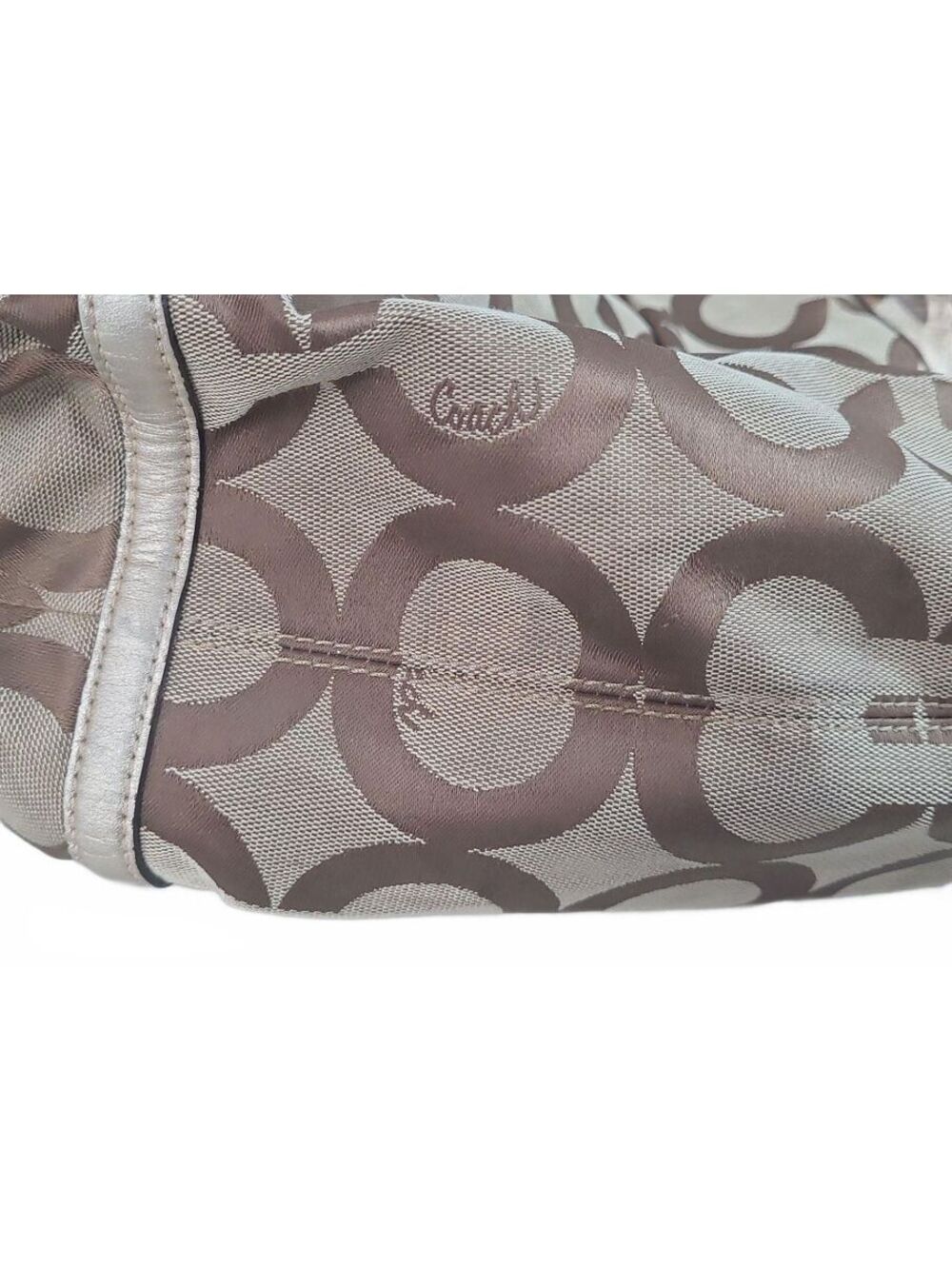 Coach Signature Jacquard Canvas Shoulder Bag Beige Brown Leather Hobo Purse - Picture 6 of 12
